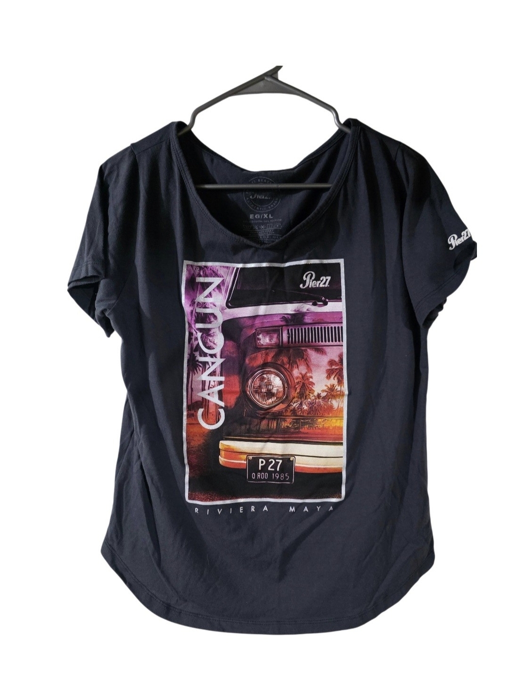 Pier 1 Black V-Neck Tee with Multicolor Cancun Graphic